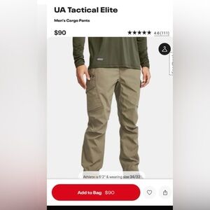 NWOT Under Armour Men's Elite Cargo Pants in Bayou ( dark khaki )34x32. Like New